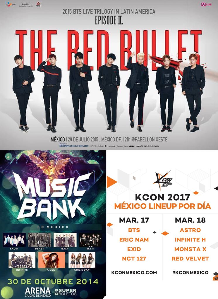 Póster de las presentaciones de BTS en México en 2014, 2015 y 2017. 