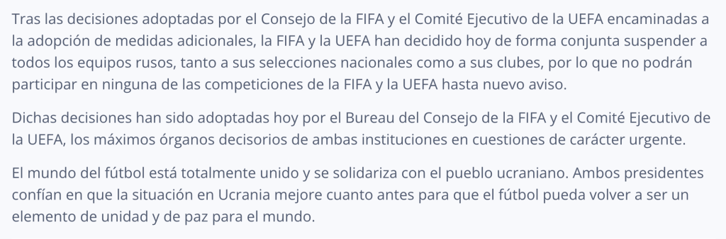 Comunicado de la FIFA tras sanción a Rusia
