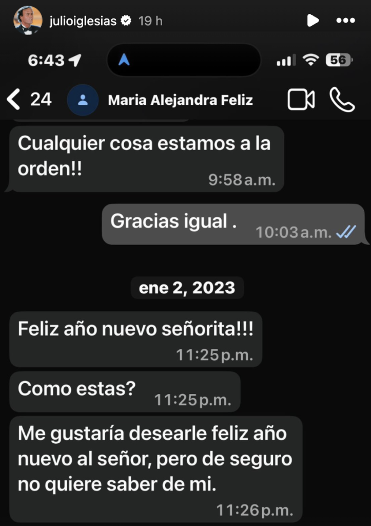 Julio Iglesias vía Stories Instagram