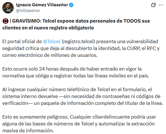 Telcel expone datos en el registro obligatorio de líneas