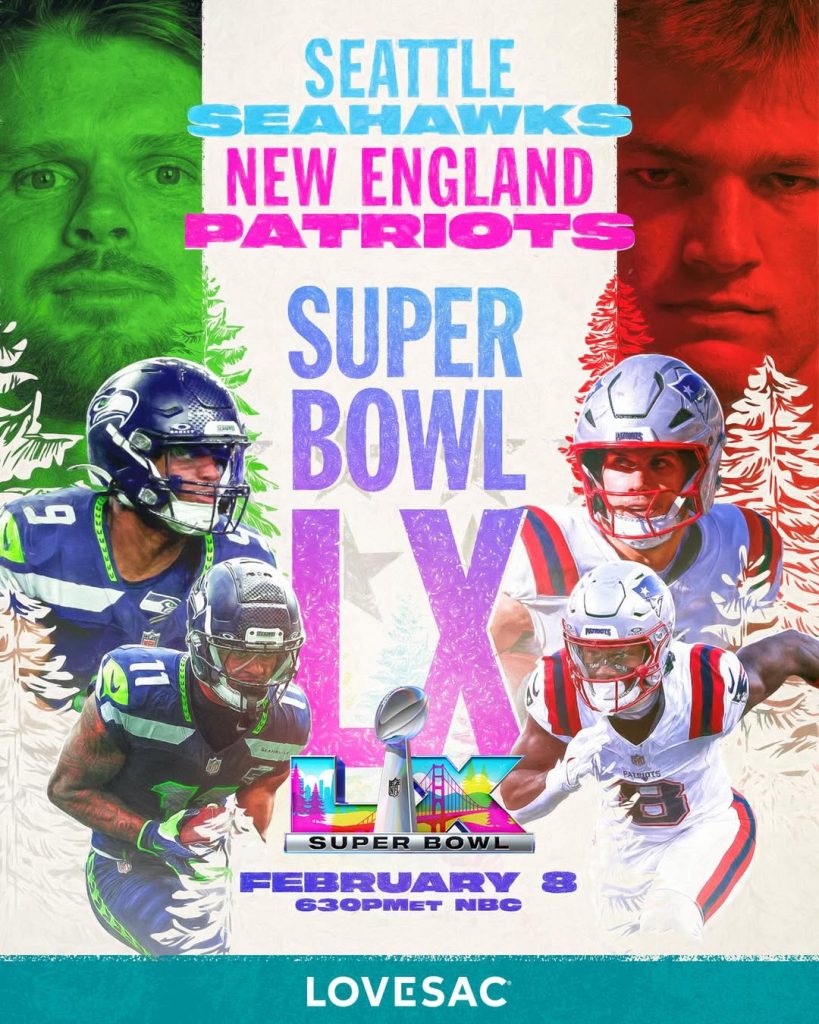 Arte promocional del Super Bowl LX con Seahawks y Patriots, fecha 8 de febrero y horario 6:30 pm ET