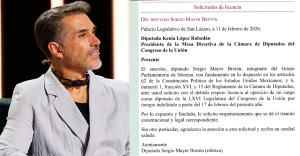 Sergio Mayer; a la derecha, captura de un documento titulado “Solicitudes de licencia” con fecha 11 de febrero de 2026.