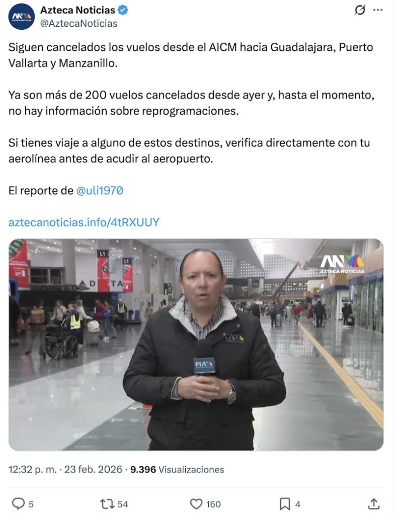 Los vuelos en el AICM después de los bloqueos en Jalisco: Más de 50 cancelados