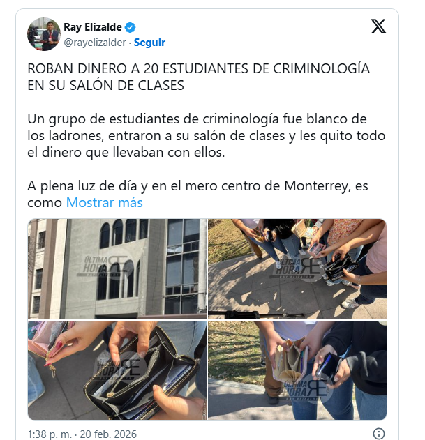 Asaltan a 20 estudiantes en salón de clases de universidad privada de Monterrey