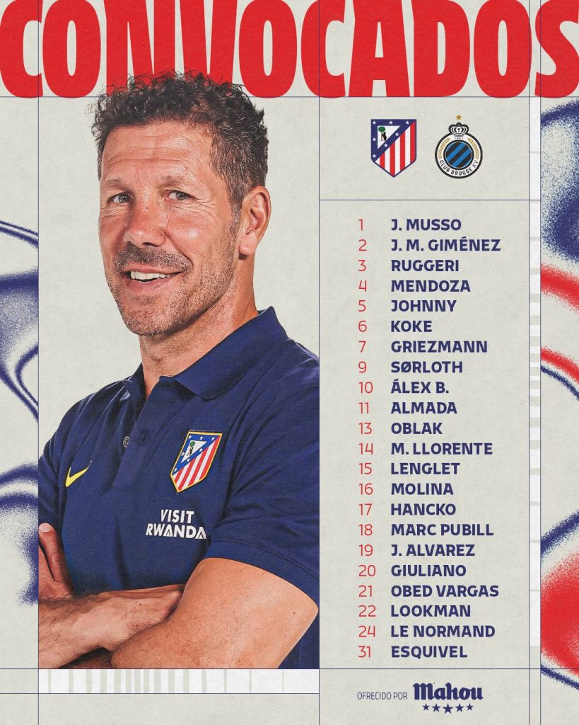 Convocatoria Atlético de Madrid vs Brujas