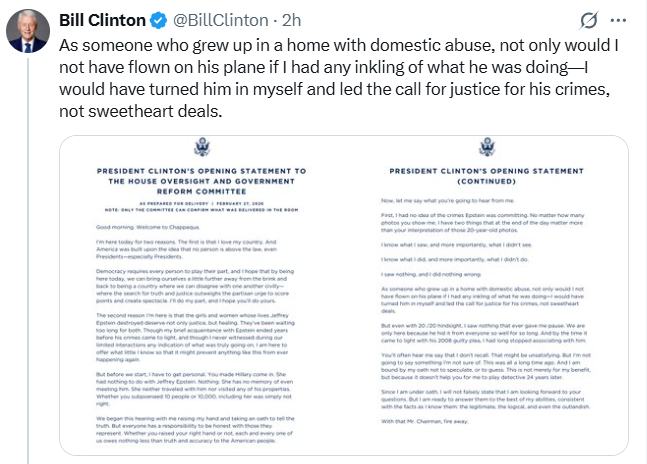 Bill Clinton comparece por vínculos con Epstein