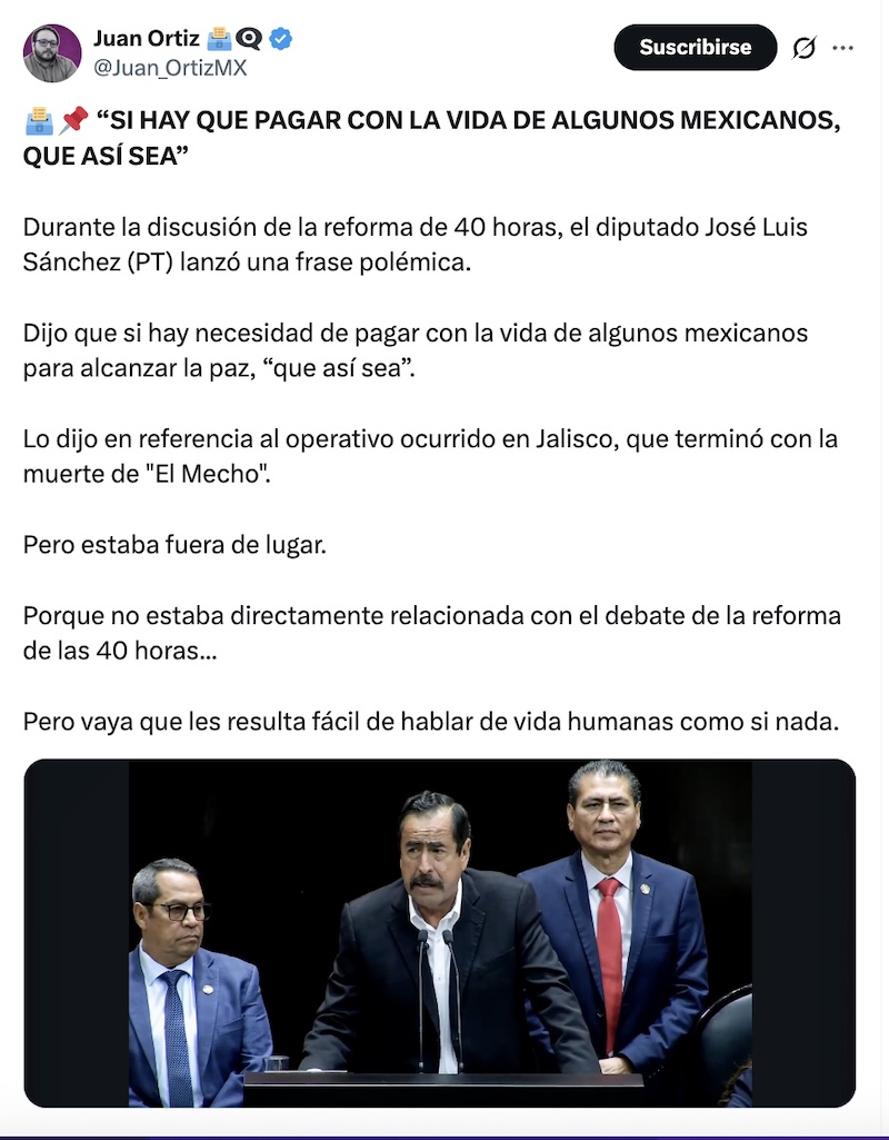 Diputado del PT dice que si es necesario “pagar con la vida de algunos mexicanos” para que haya paz, que así sea