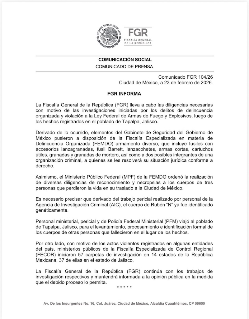 FGR identifica el cuerpo del Mencho