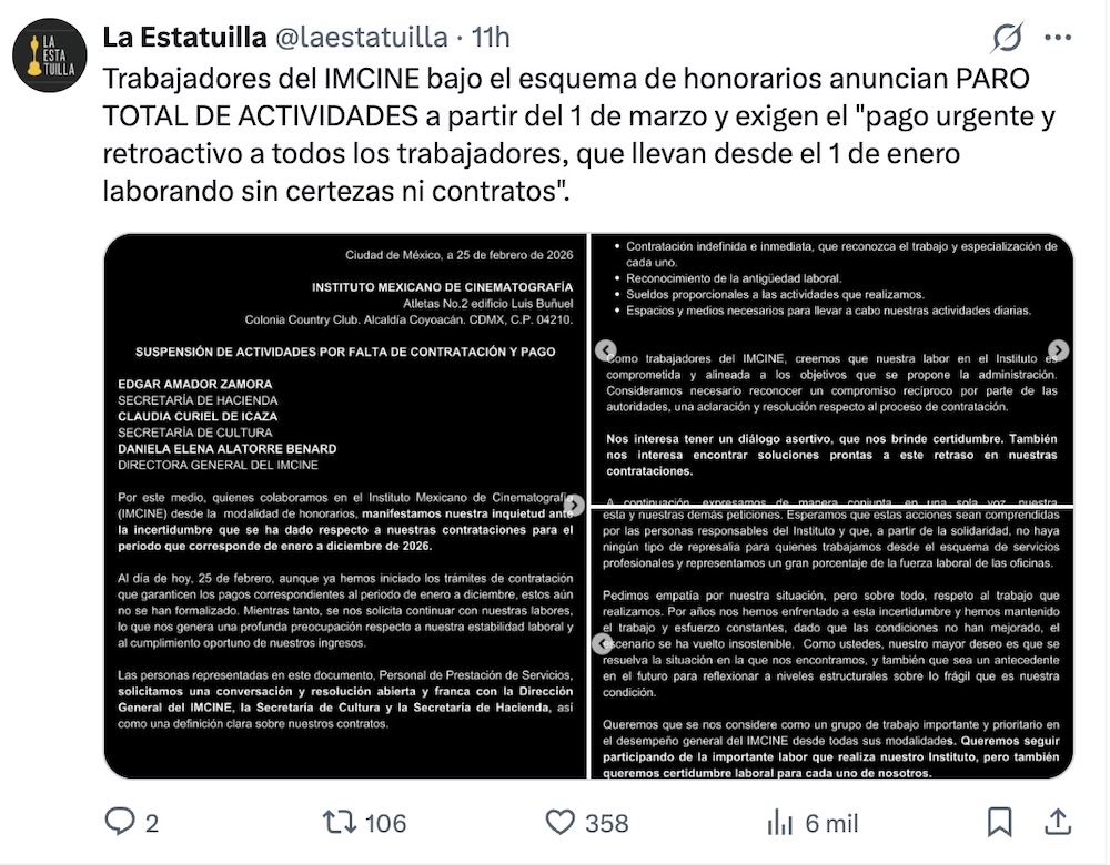 IMCINE anuncia paro de actividades para el 1° de marzo, ¿por qué?