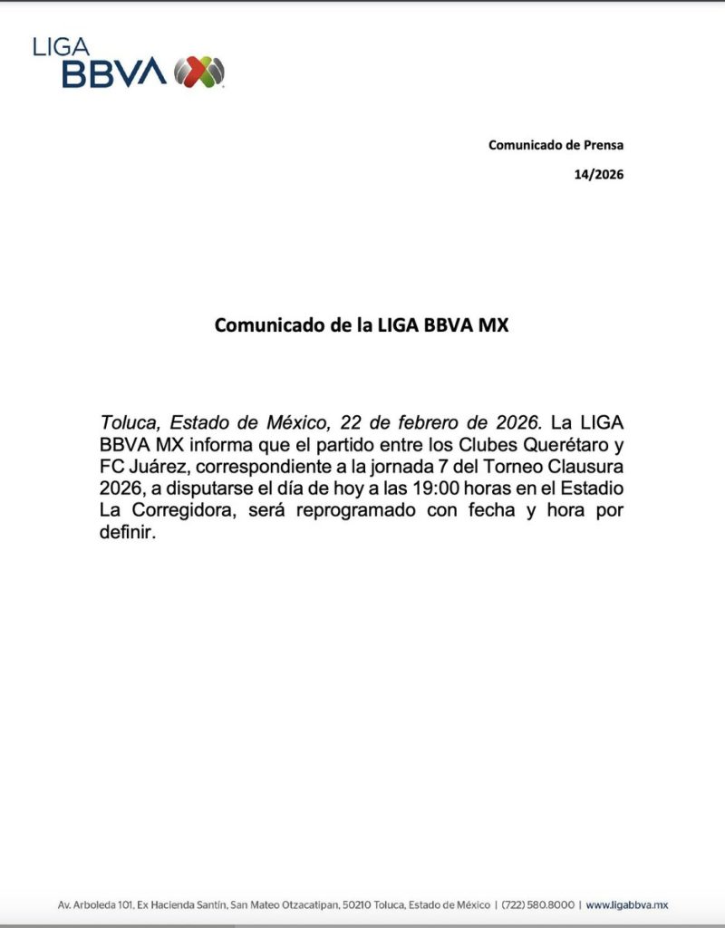 Liga MX suspende partido del Querétaro y Juárez