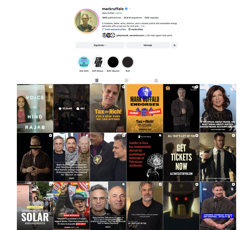 Captura de la cuenta de Mark Ruffalo en Instagram