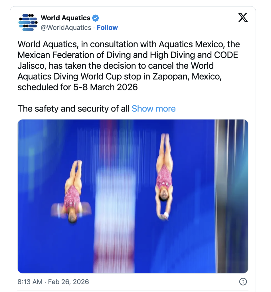 Cancelan Mundial 2026 de Clavados en Guadalajara por violencia