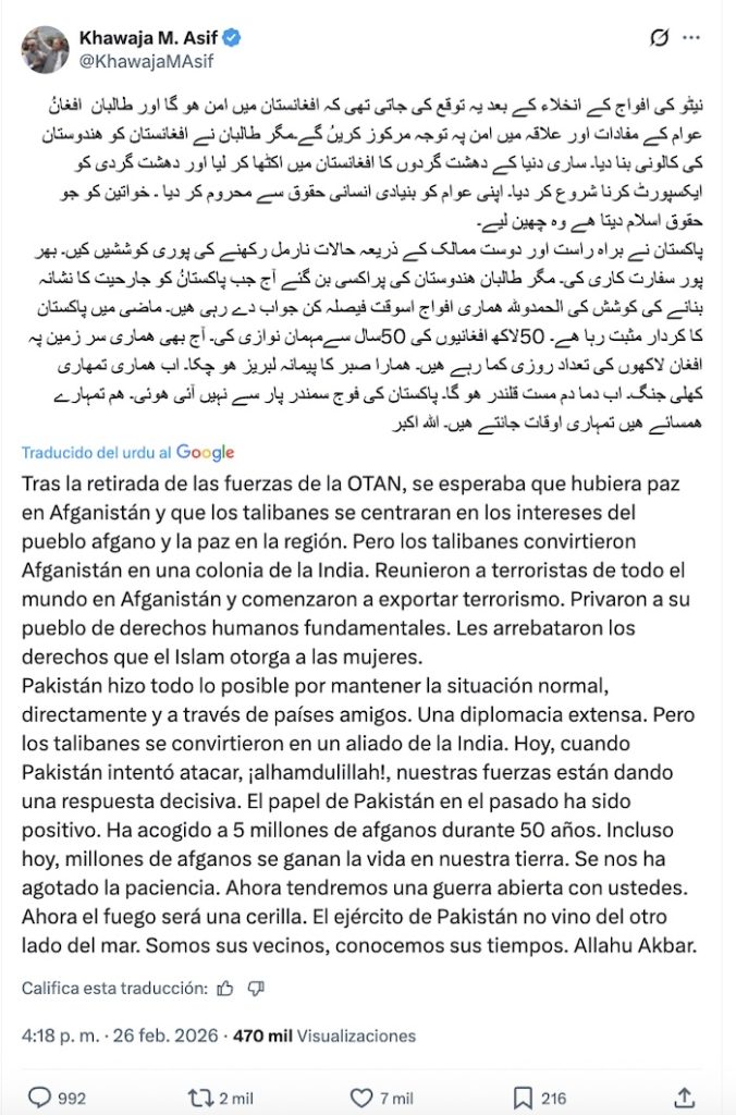 Pakistán declara "guerra abierta" contra Afganistán