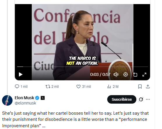 Sheinbaum podría demandar a Elon Musk por andarla acusando de obedecer al narco