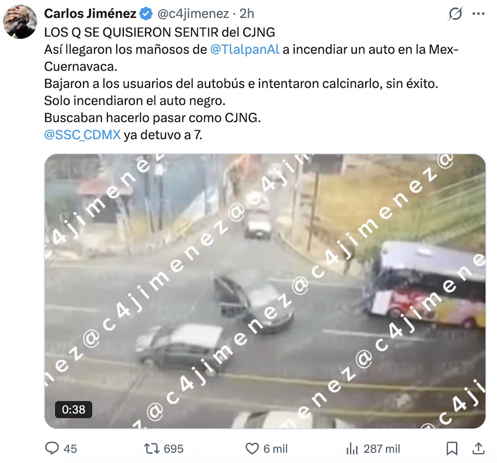 Incendio de carro en la México-Cuernavaca: Secretaría de Seguridad descarta relación con bloqueos en Jalisco
