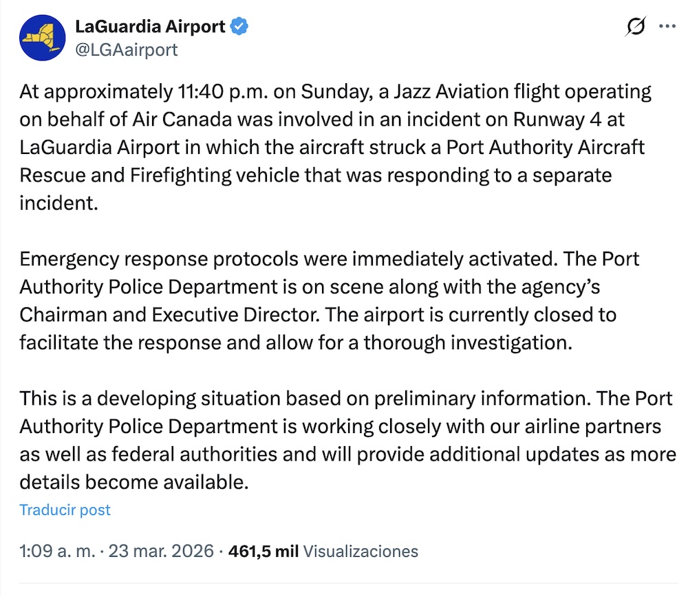 Choque de avión en Aeropuerto LaGuardia deja, al menos, dos personas fallecidas