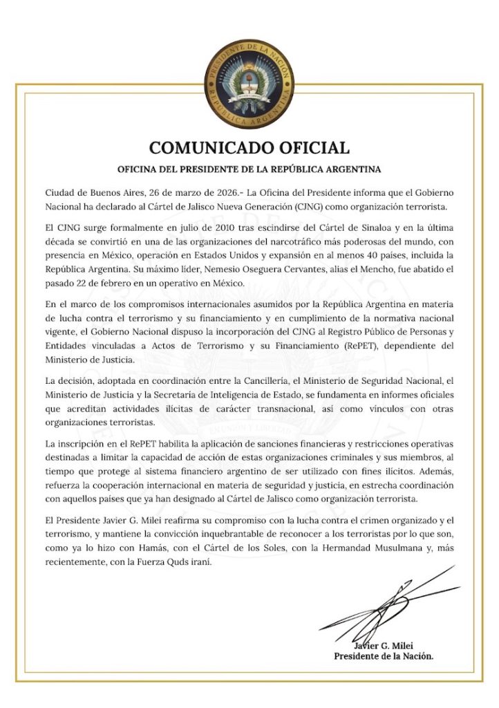 Argentina declara al CJNG como organización terrorista
