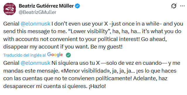 Beatriz Gutiérrez Müller se le planta a Elon Musk y lo reta en X