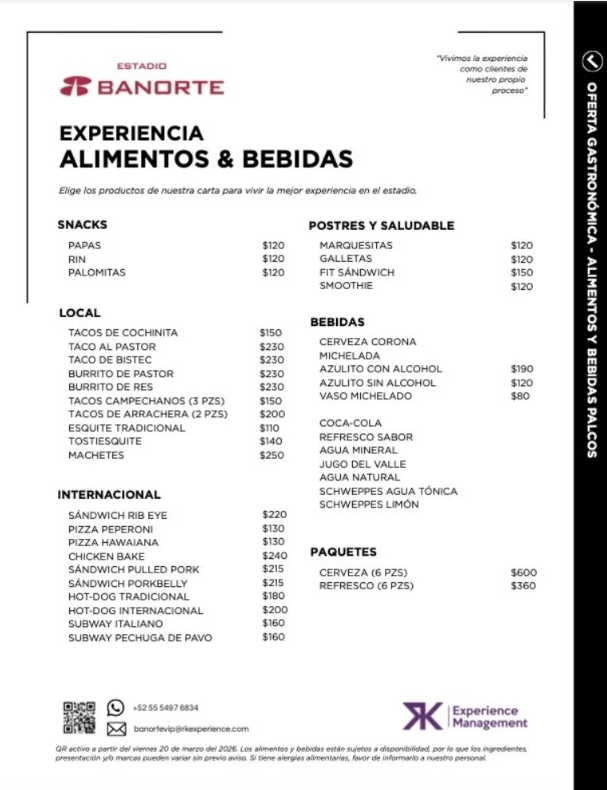 Precios de bebidas y alimentos del Estadio Banorte