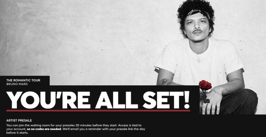 Registro para preventa fans para shows de Bruno Mars