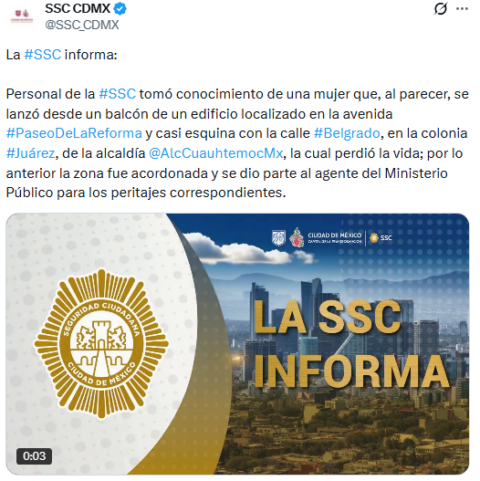 Mujer muere tras caer desde el balcón de la Torre Reforma Latino