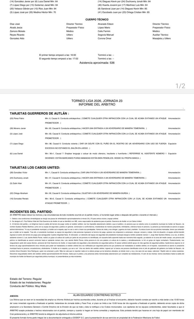 Cédula arbitral entre Guerreros Autlán vs Los Cabos United