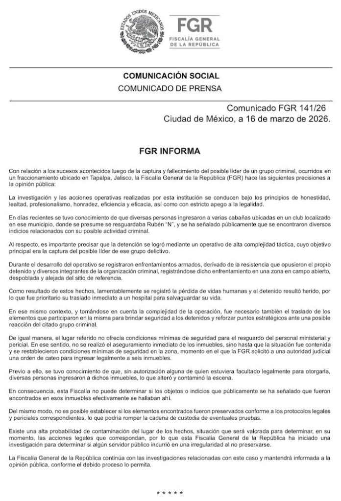 No podía saberse: FGR admite contaminación de pruebas en cabañas tras operativo contra el Mencho