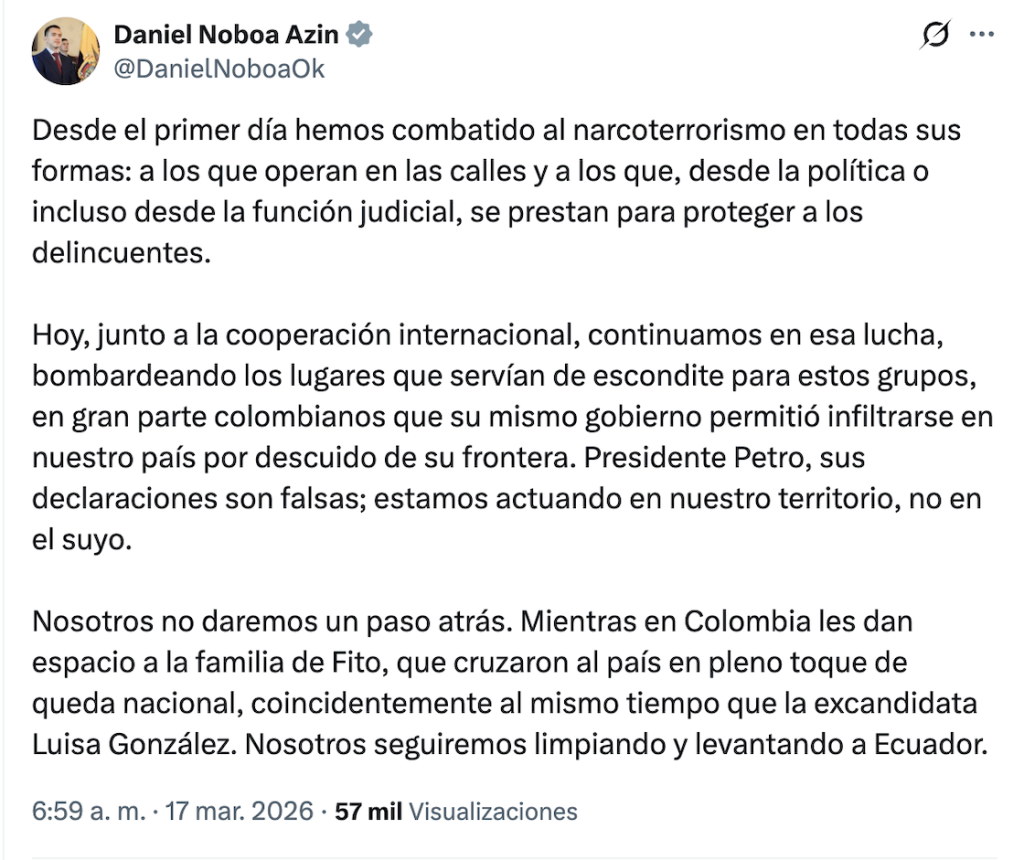 Gustavo Petro denuncia bombardeos de Ecuador en Colombia; Noboa lo desmiente