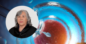 Retrato de la ministra María Estela Ríos sobre una ilustración de fecundación in vitro con un óvulo y un espermatozoide.