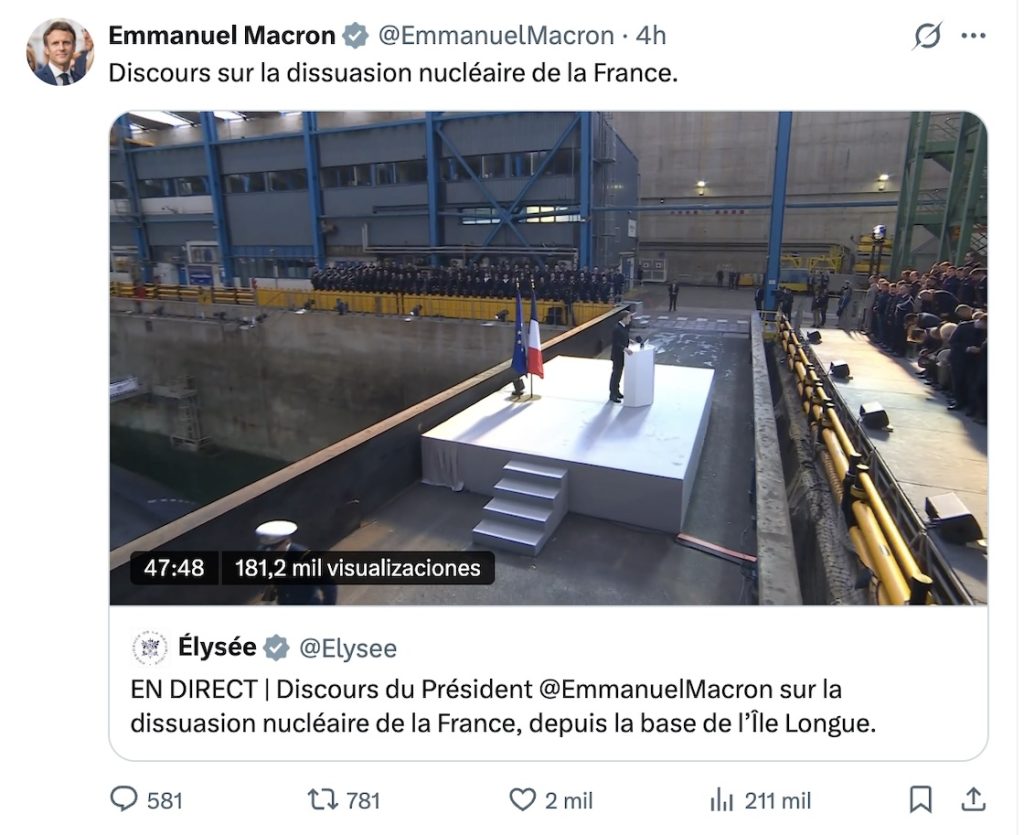 Macron dice que aumentará el arsenal nuclear de Francia: "Hoy estamos en otro nivel estratégico"