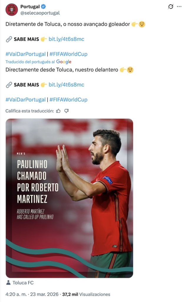 ¡Directo desde Toluca! Paulinho es convocado por la Selección de Portugal para el partido contra México