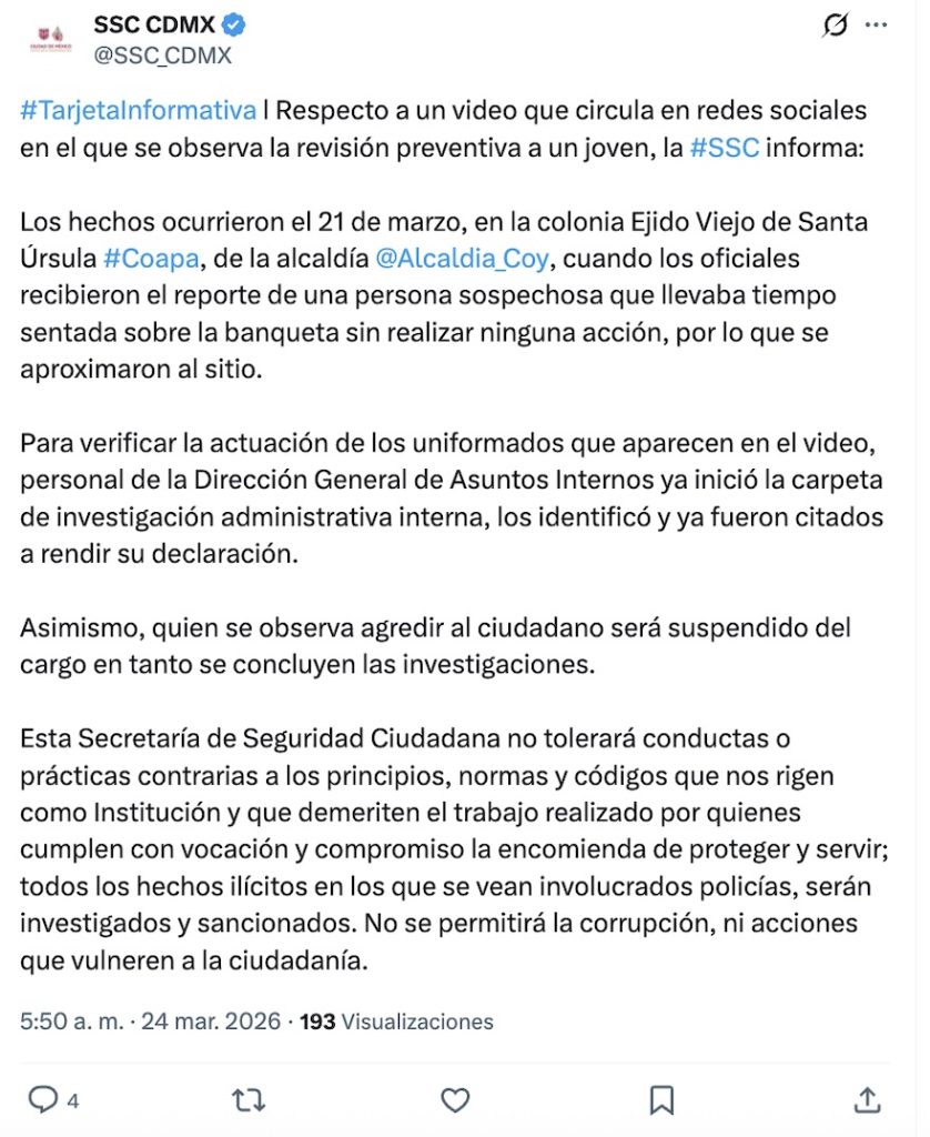 Suspenderán a policía tras aparecer en video golpeando a un joven en Coyoacán