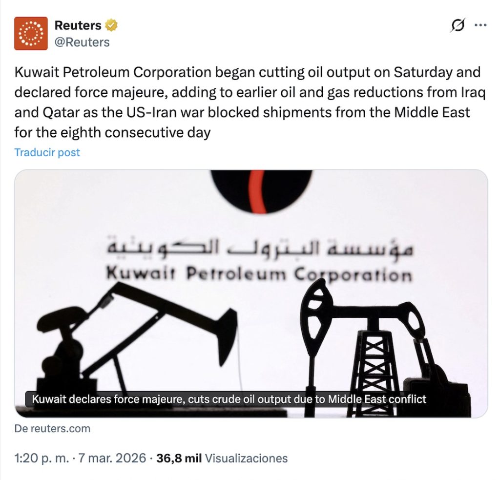 Guerra de Estados Unidos e Israel contra Irán: Precio del petróleo supera los 100 dólares 