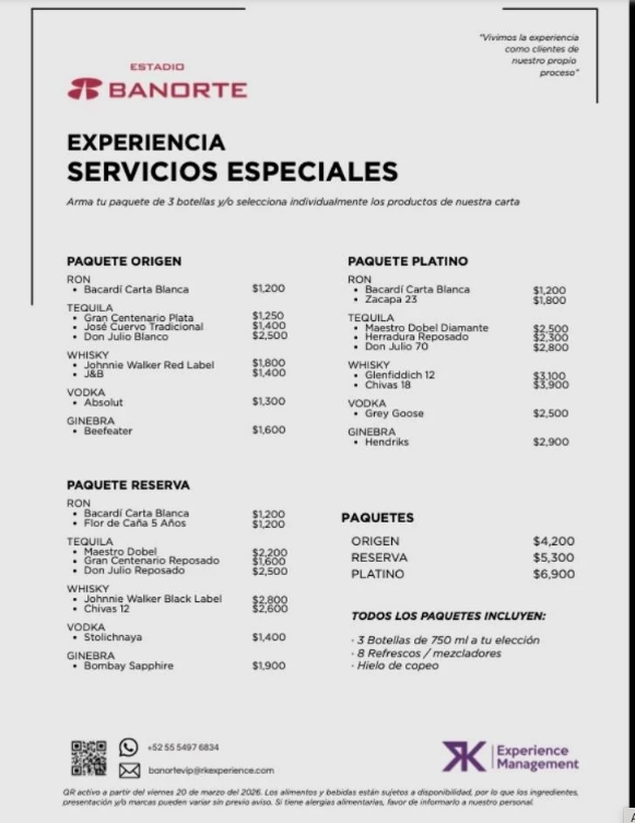 Precios de botellas en el Estadio Banorte