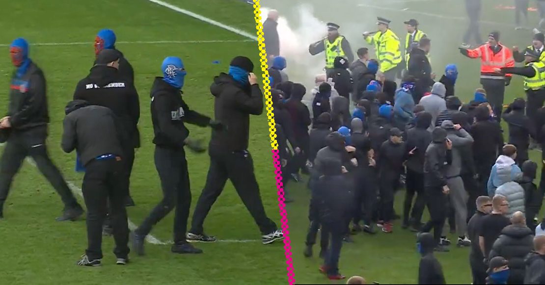 Aficionados encapuchados del Rangers generan caos tras ser eliminados por Celtic en la Copa