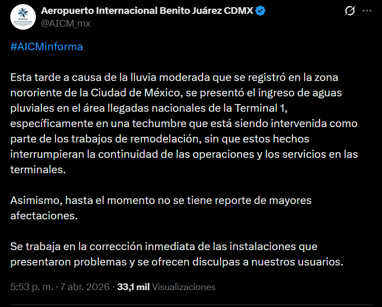 Usuarios reportan ‘cascadas’ en el AICM por lluvias; crece preocupación rumbo al Mundial