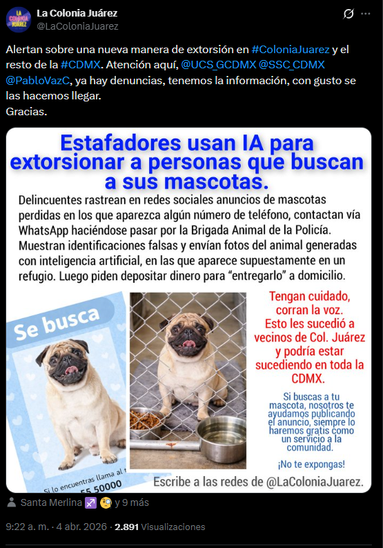 ¡Corran la voz! Extorsionadores usan IA para estafar a dueños de mascotas perdidas en CdMx