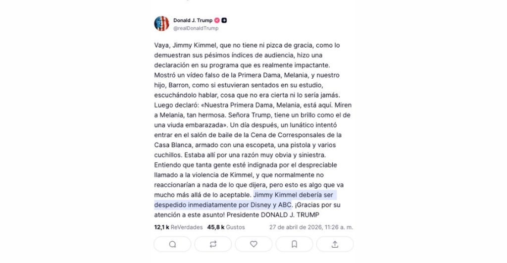 Melania se lanza contra Jimmy Kimmel tras comentario que desató críticas