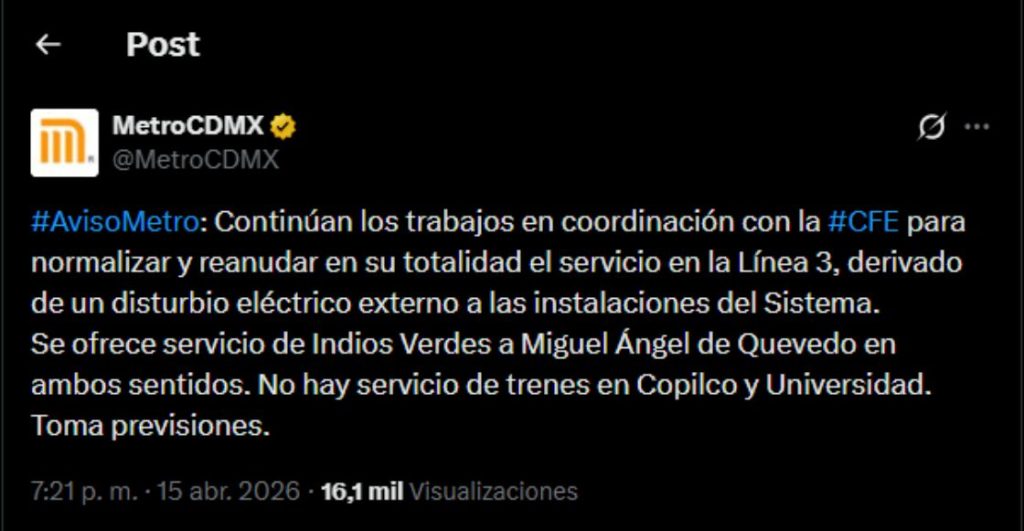 Suspenden servicio en la Línea 3 del Metro CDMX por falla eléctrica