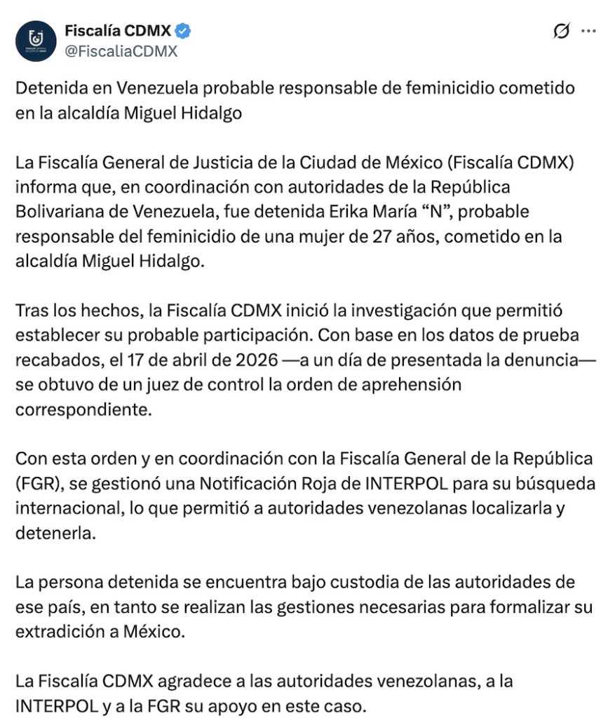 Detienen a Érika N por el caso del feminicidio de Carolina Flores