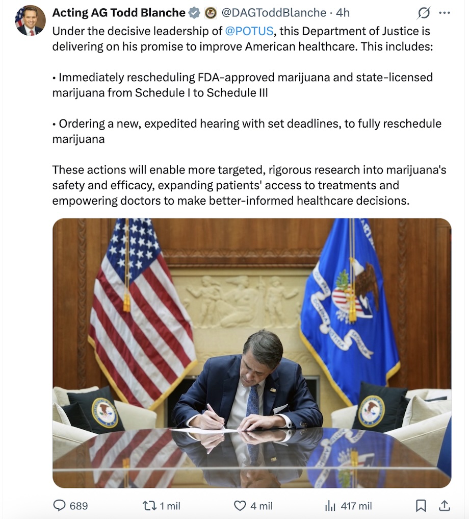 Gobierno de Trump quita a la marihuana de la lista de drogas más peligrosas