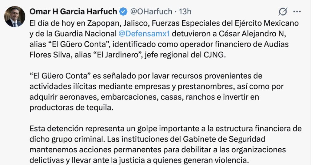 Detienen al Güero Conta, presunto operador financiero del Jardinero del CJNG