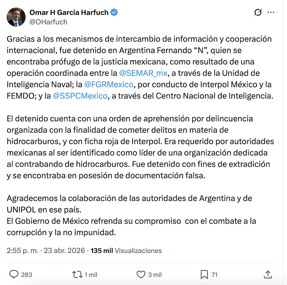 Huachicol fiscal: Detienen al contralmirante Fernando Farias en Argentina