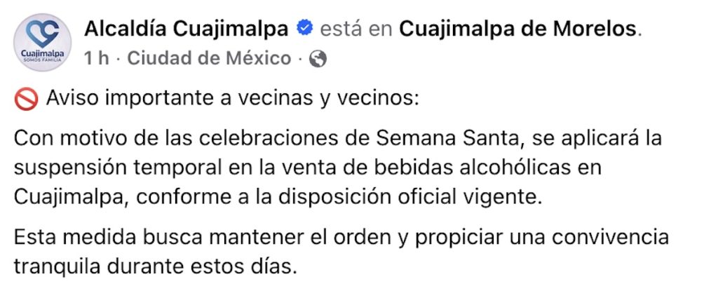 Estas son las alcaldías de CDMX con Ley Seca en Semana Santa 2026