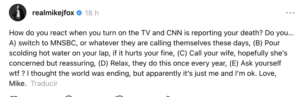 Captura de la respuesta de Michael J. Fox por el anuncio de su muerte