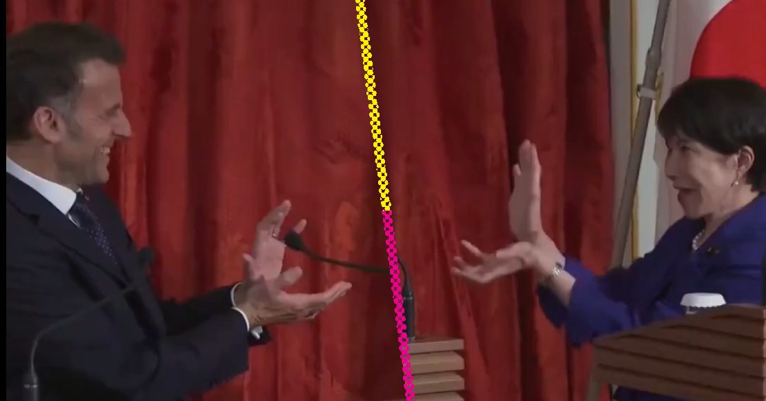 Presidente de Francia y primera ministra de Japón finalizan conferencia con un ¡Kamehameha!