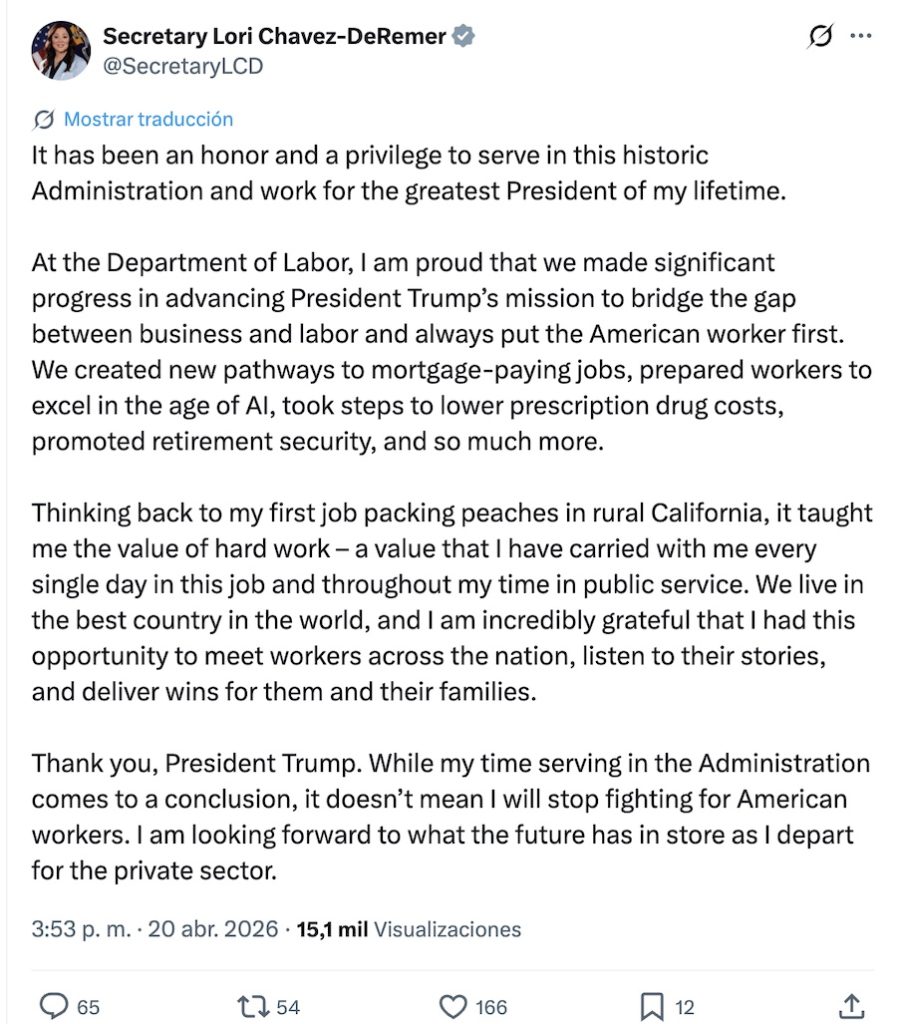 Renuncia la secretaria de Trabajo de Estados Unidos en medio de investigaciones por 'conducta indebida'