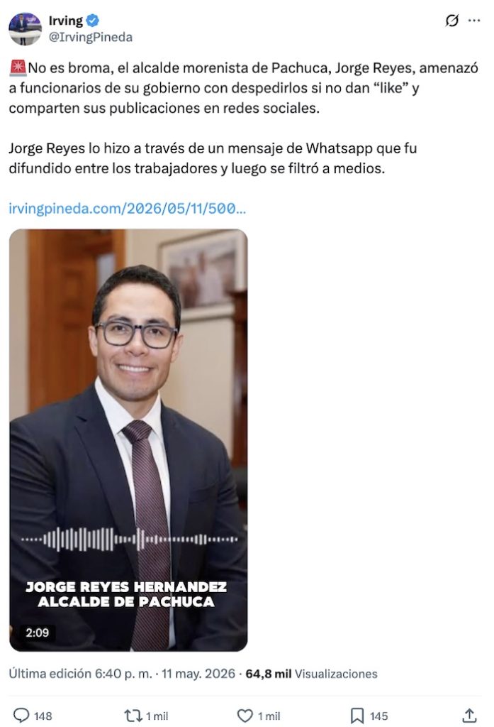 Denuncian a alcalde de Pachuca por amenazar a empleados si no le dan like a sus publicaciones