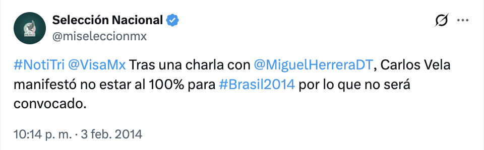 Carlos Vela no quiso ir al Mundial de Brasil 2014