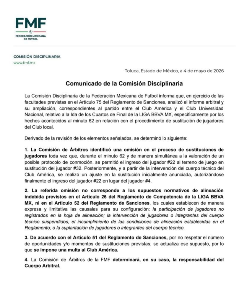 El comunicado de la comisión disciplinaria